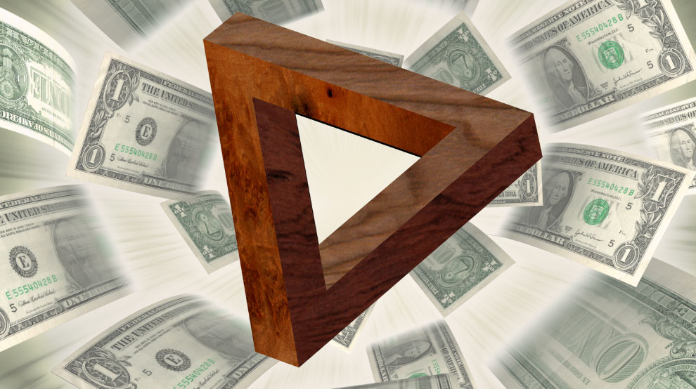 Über dynamisch nach vorn strömenden Dollarscheinen schwebt ein perspektivisch paradoxes Dreieck im Escher-Stil