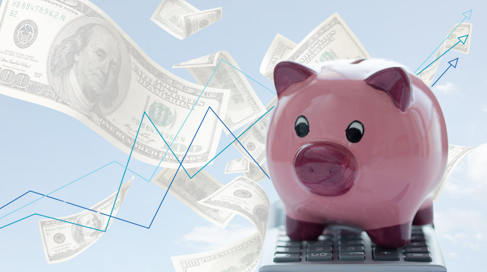 Im Hintergrund fliegen Dollarscheine durch das Bild, im Vordergrund steht ein Sparschwein vor der Gewinnkurve von Aktienkurse