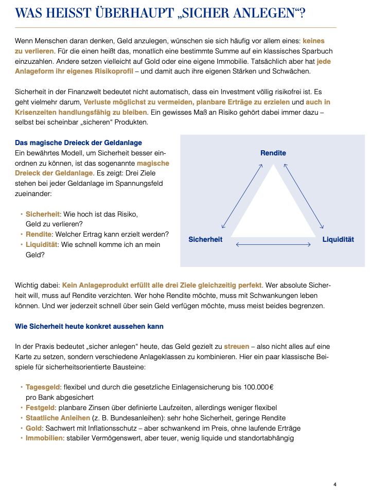 Informational page explaining the concept of safe investing, featuring the investment triangle (return, safety, liquidity) and a list of low-risk financial instruments like savings accounts, bonds, gold, and real estate.